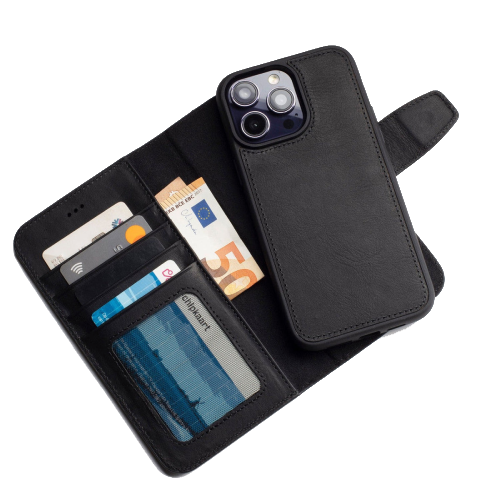 iPhone 16 Plus Ægte Læder Flip Cover (Sort)